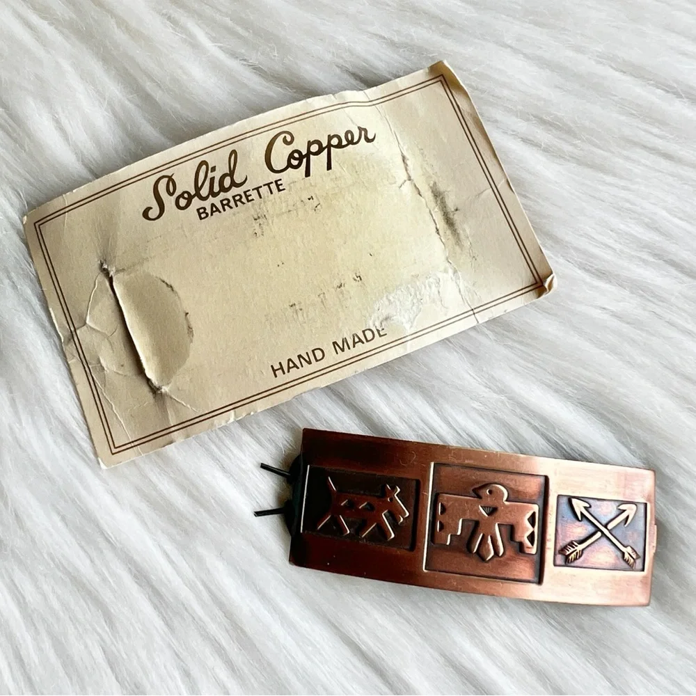 VINTAGE Solid Copper Southwestern Clip Barrette • Thunderbird Arrows Horse NWT